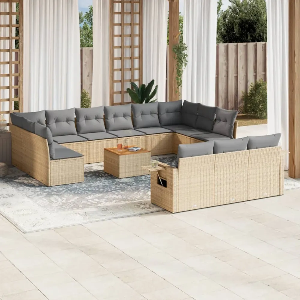 14-delige Loungeset met kussens poly rattan beige vidaXL