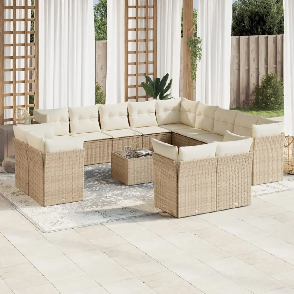 14-delige Loungeset met kussens poly rattan beige vidaXL