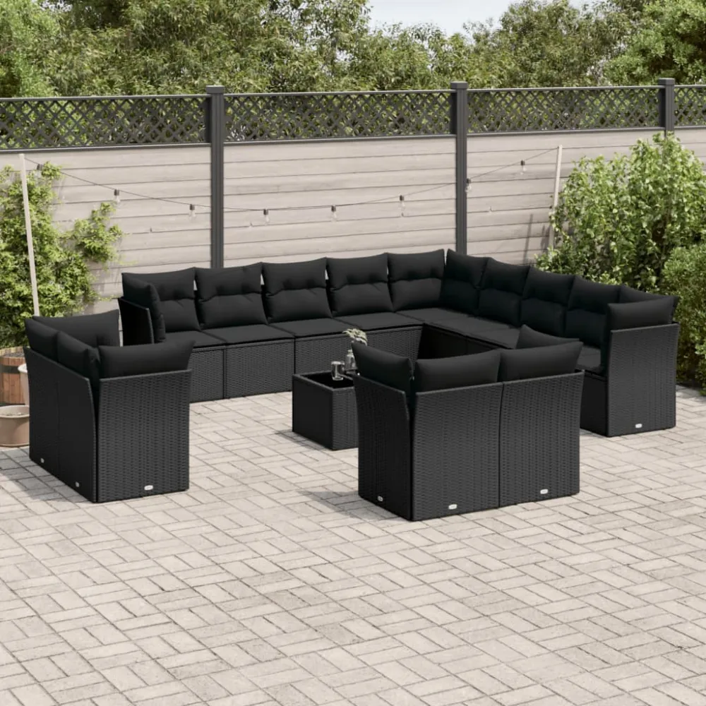 14-delige Loungeset met kussens poly rattan zwart vidaXL
