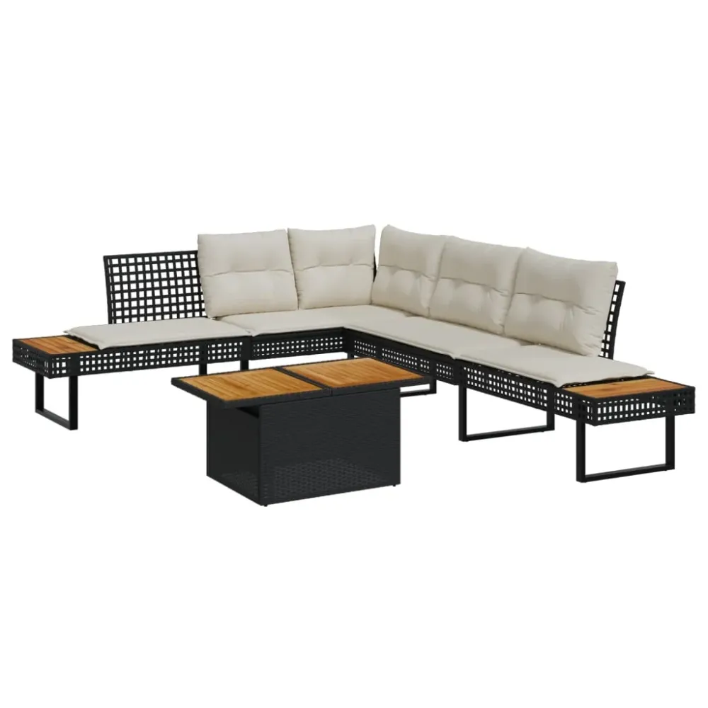 2-delige Loungeset met kussens poly rattan en acaciahout zwart vidaXL