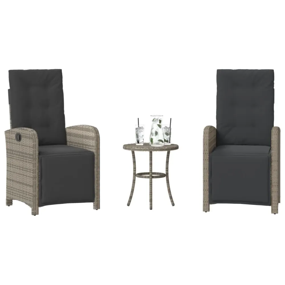 3-delige Bistroset met kussens poly rattan grijs vidaXL