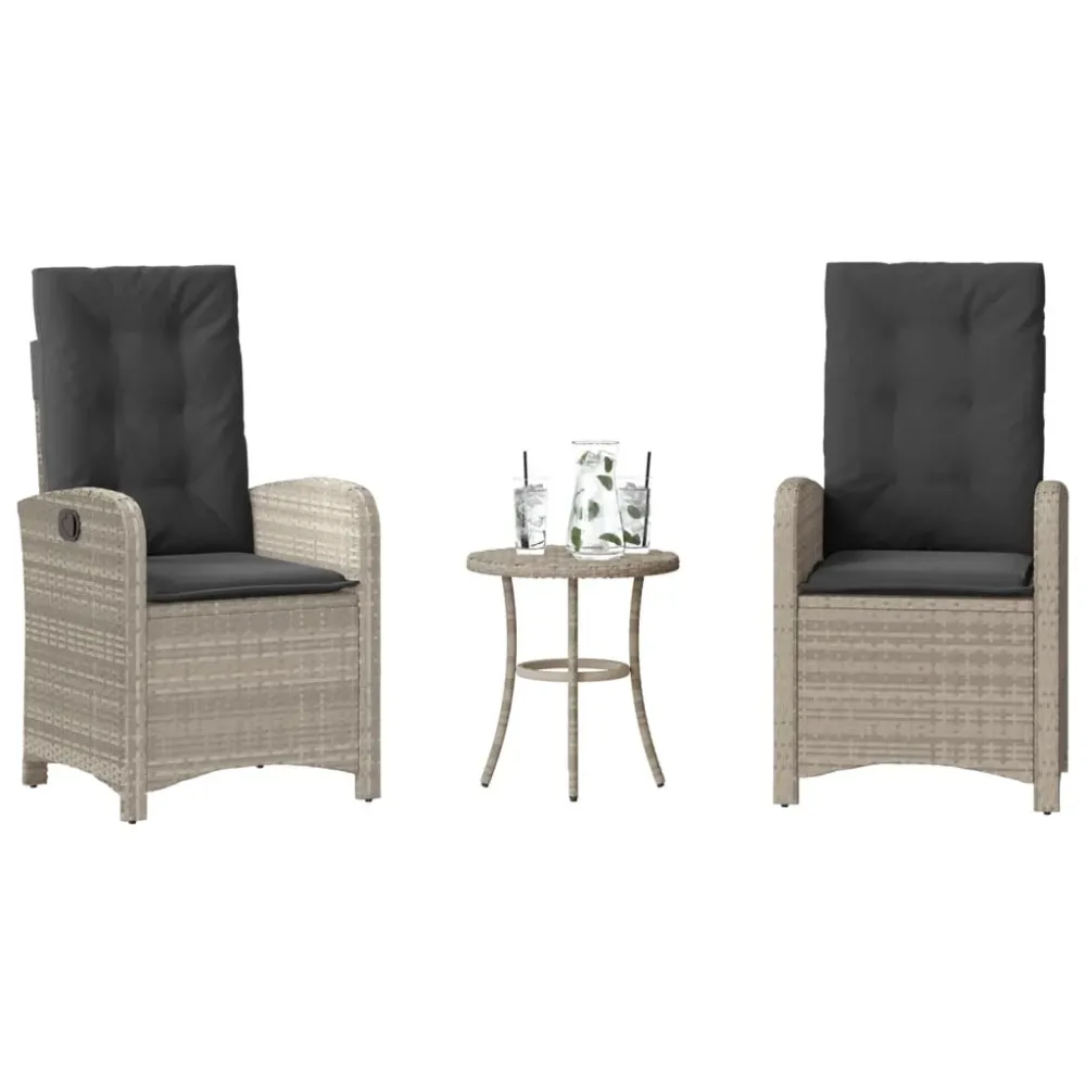 3-delige Bistroset met kussens poly rattan lichtgrijs vidaXL