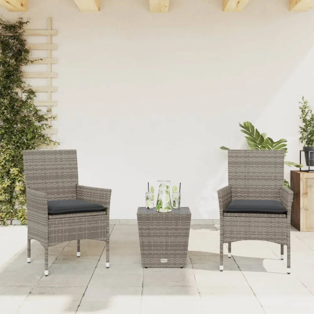 3-delige Bistroset met kussens poly rattan en glas grijs vidaXL