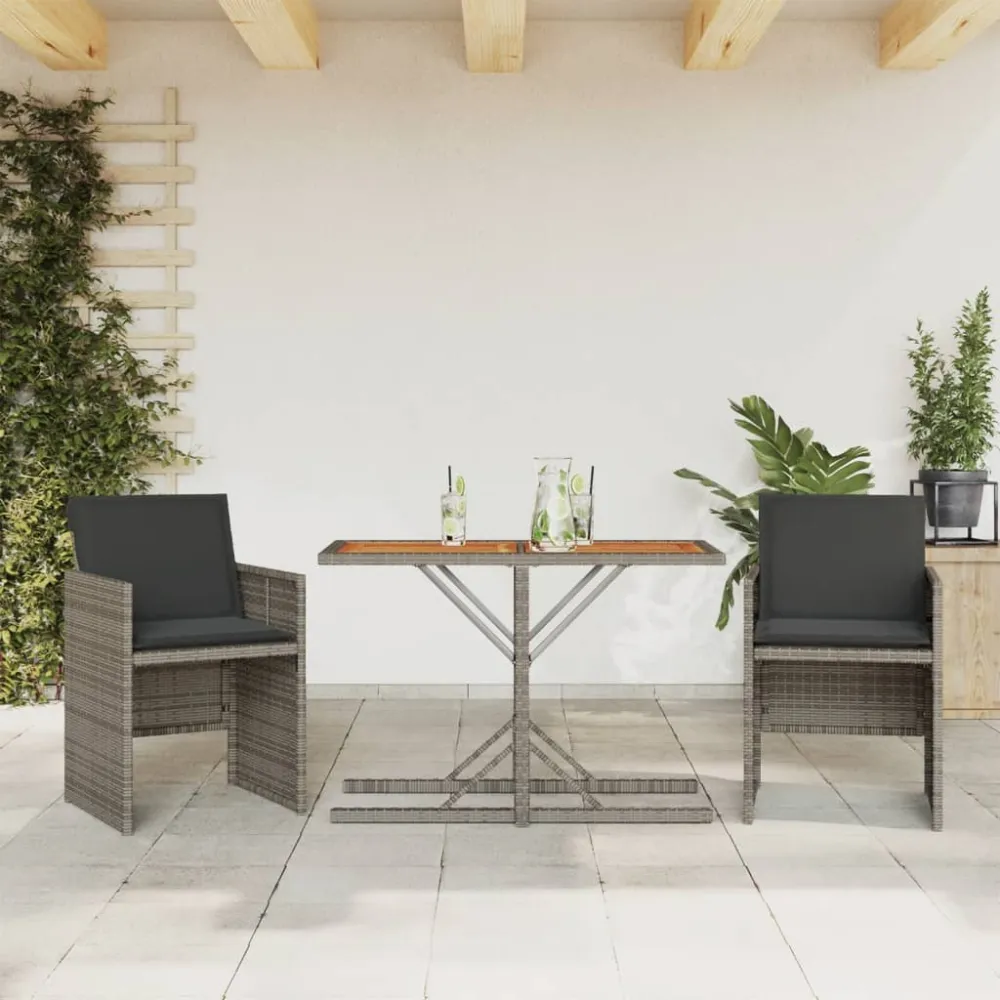 3-delige Bistroset met kussens poly rattan grijs vidaXL