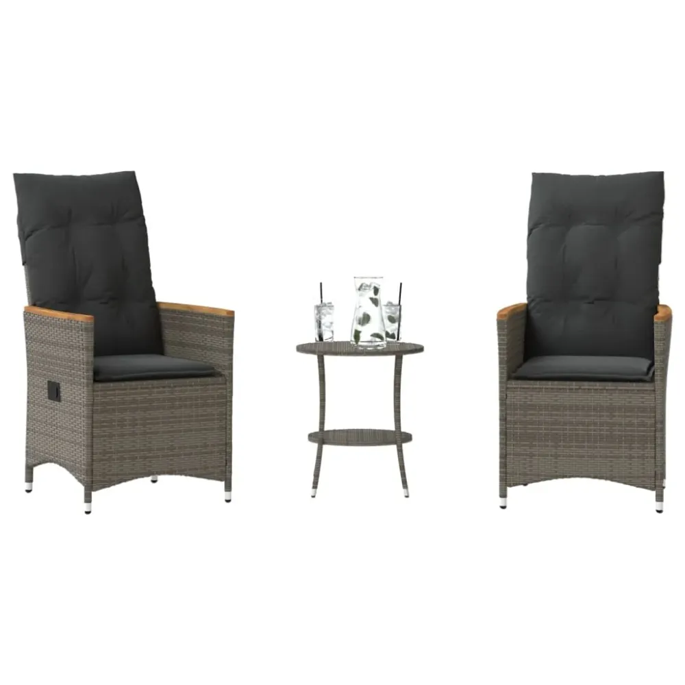 3-delige Bistroset met kussens poly rattan grijs vidaXL