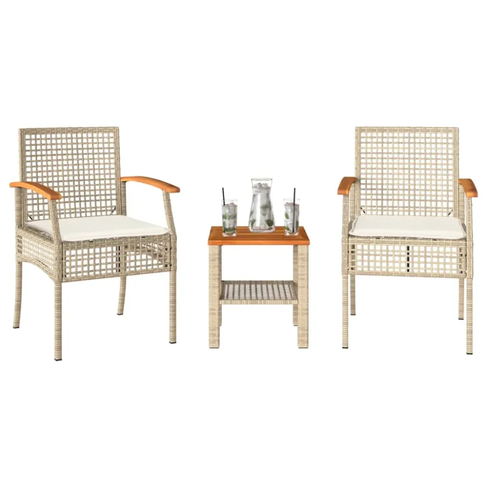 3-delige Bistroset met kussens poly rattan en acaciahout beige vidaXL
