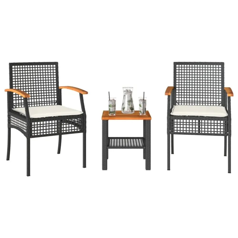 3-delige Bistroset met kussens poly rattan en acaciahout zwart vidaXL