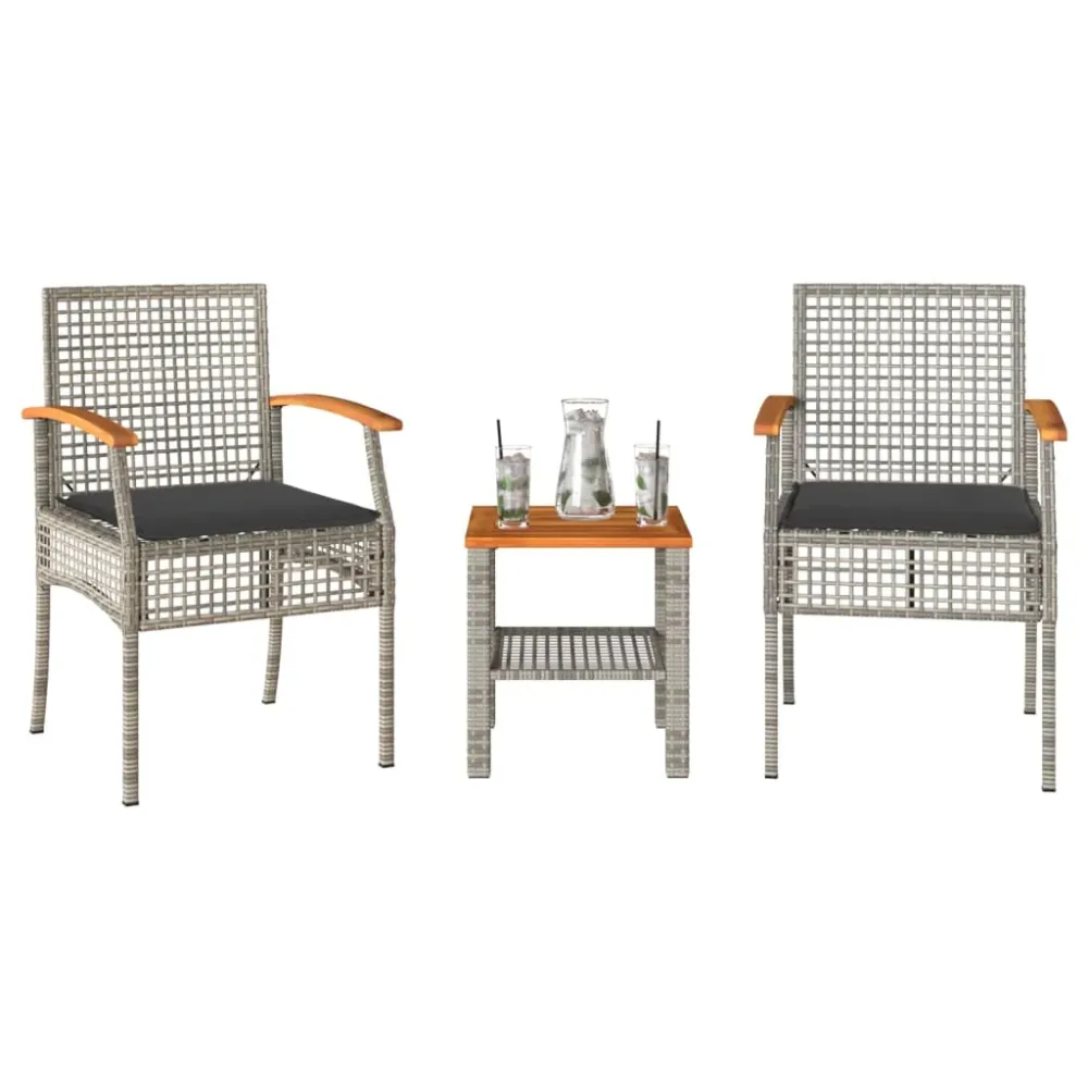 3-delige Bistroset met kussens poly rattan en acaciahout grijs vidaXL