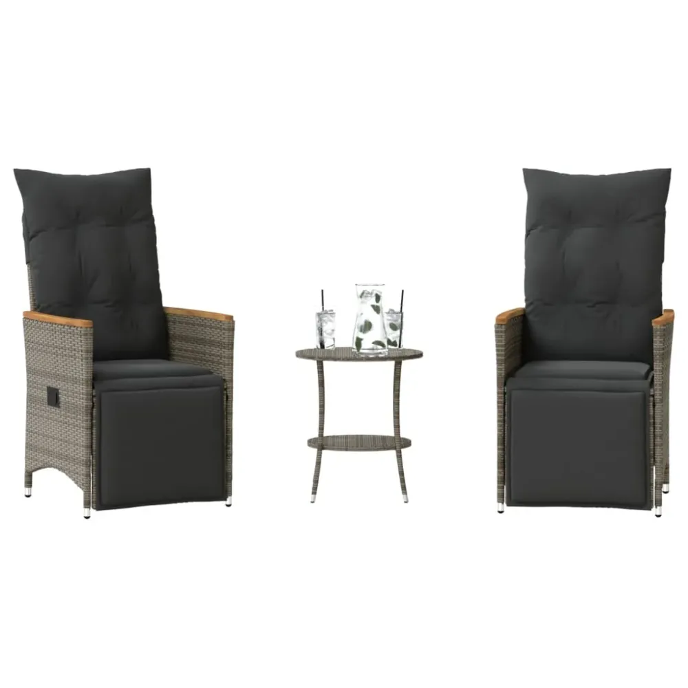 3-delige Bistroset met kussens poly rattan grijs vidaXL