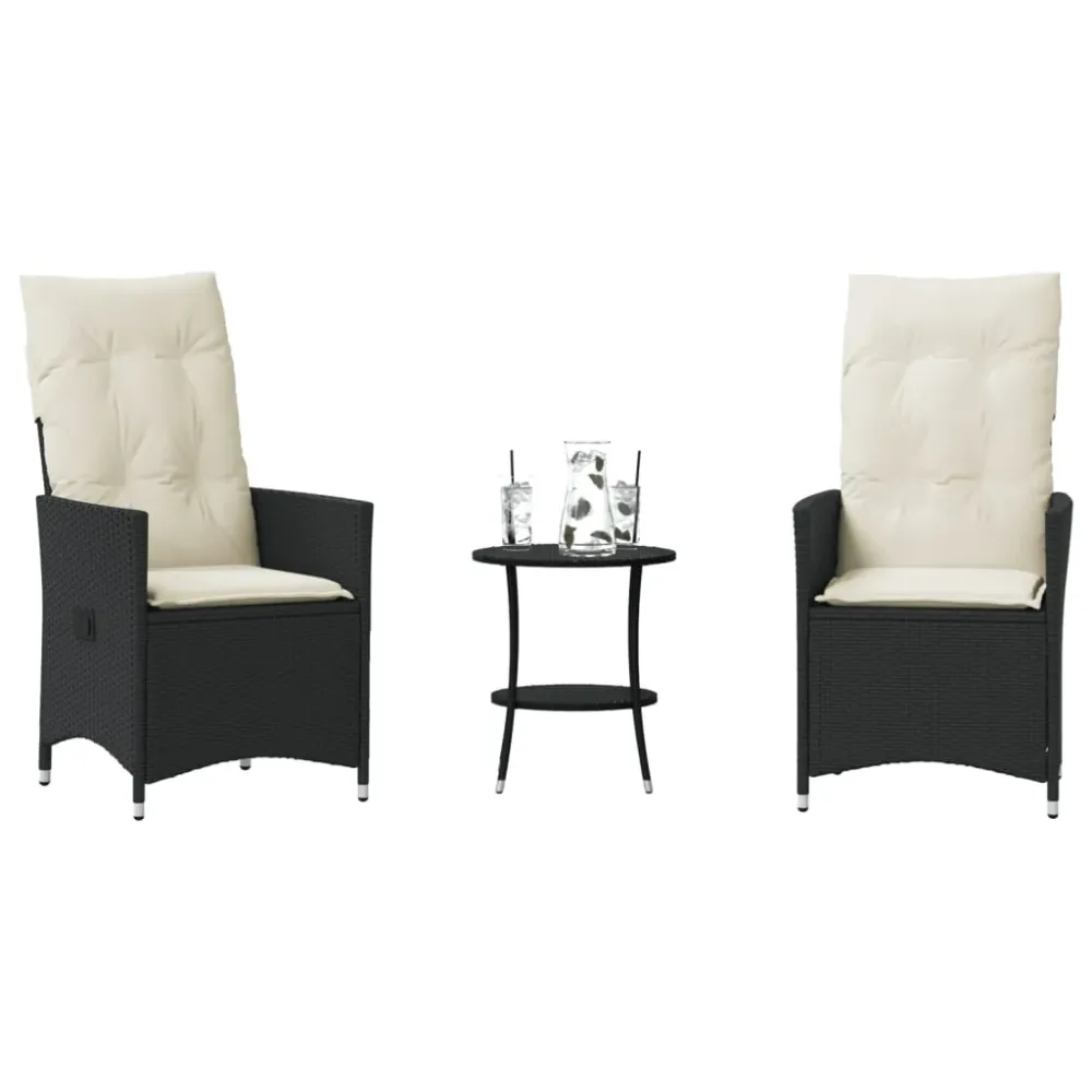 3-delige Bistroset met kussens poly rattan zwart vidaXL