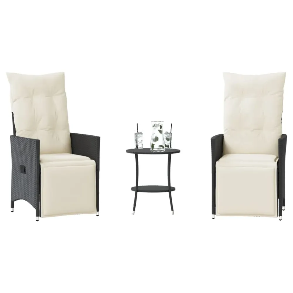 3-delige Bistroset met kussens poly rattan zwart vidaXL