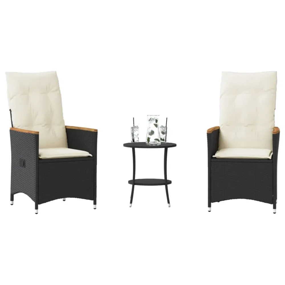 3-delige Bistroset met kussens poly rattan zwart vidaXL