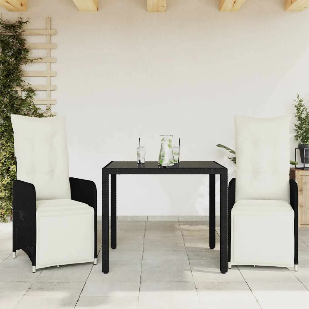 3-delige Bistroset met kussens poly rattan zwart vidaXL