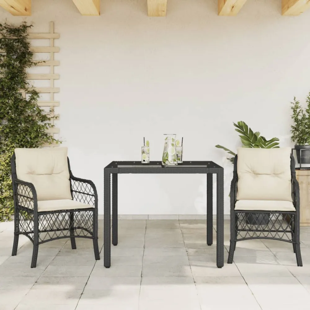 3-delige Bistroset met kussens poly rattan zwart vidaXL