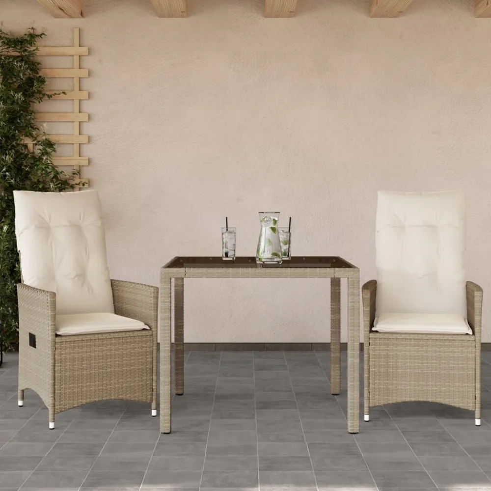 3-delige Bistroset met kussens poly rattan beige vidaXL