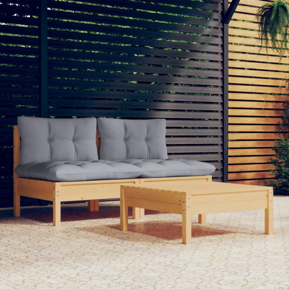 3-delige Loungeset met grijze kussens grenenhout vidaXL