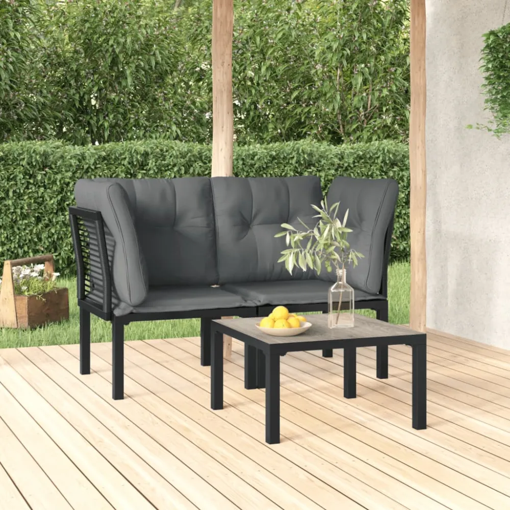 3-delige Loungeset met kussens poly rattan zwart en grijs vidaXL