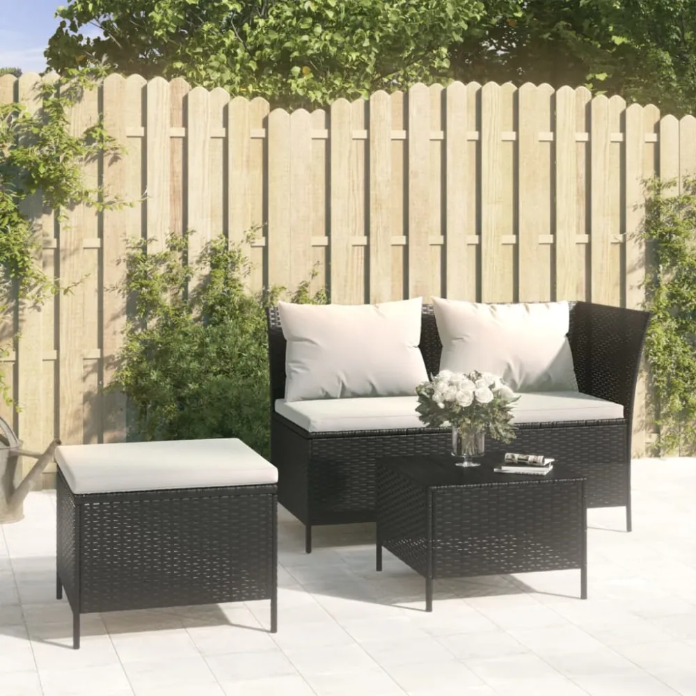 3-delige Loungeset met kussens poly rattan zwart vidaXL
