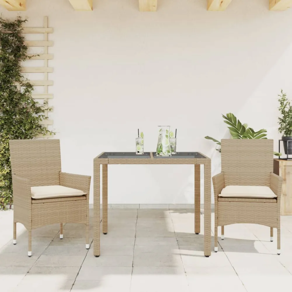 3-delige Tuinset met kussens poly rattan en glas beige vidaXL