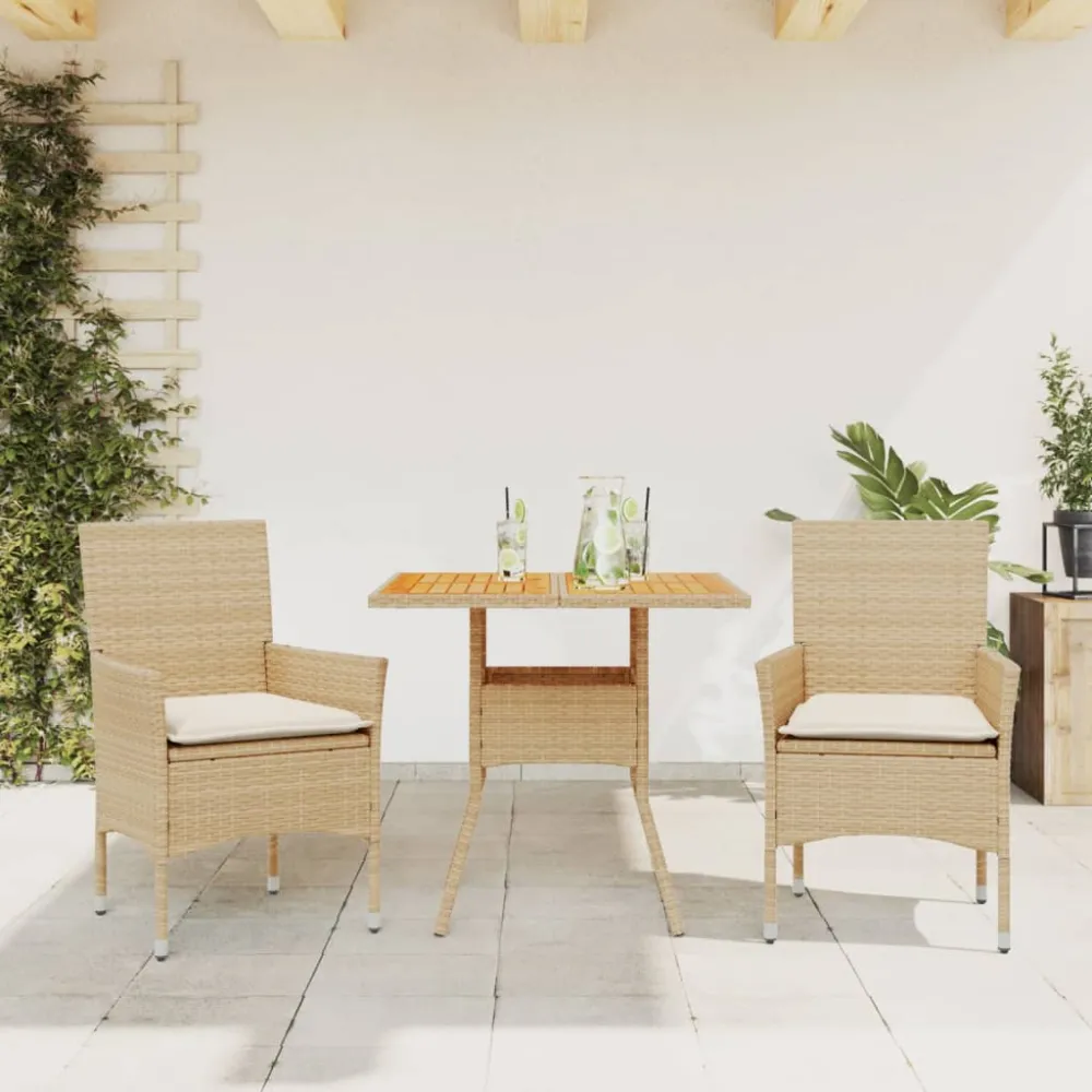 3-delige Tuinset met kussens poly rattan en acaciahout beige vidaXL
