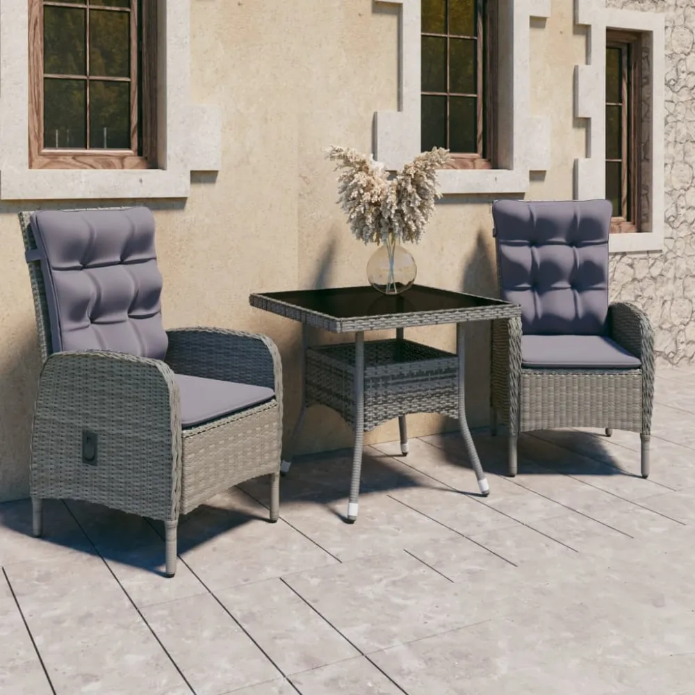 3-delige Tuinset poly rattan en glas grijs vidaXL