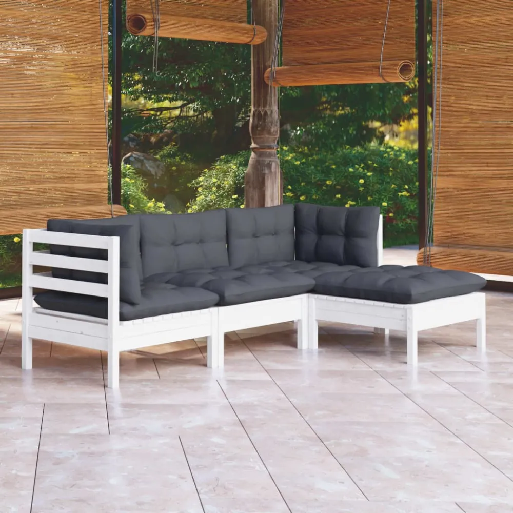 4-delige Loungeset met kussens grenenhout wit vidaXL