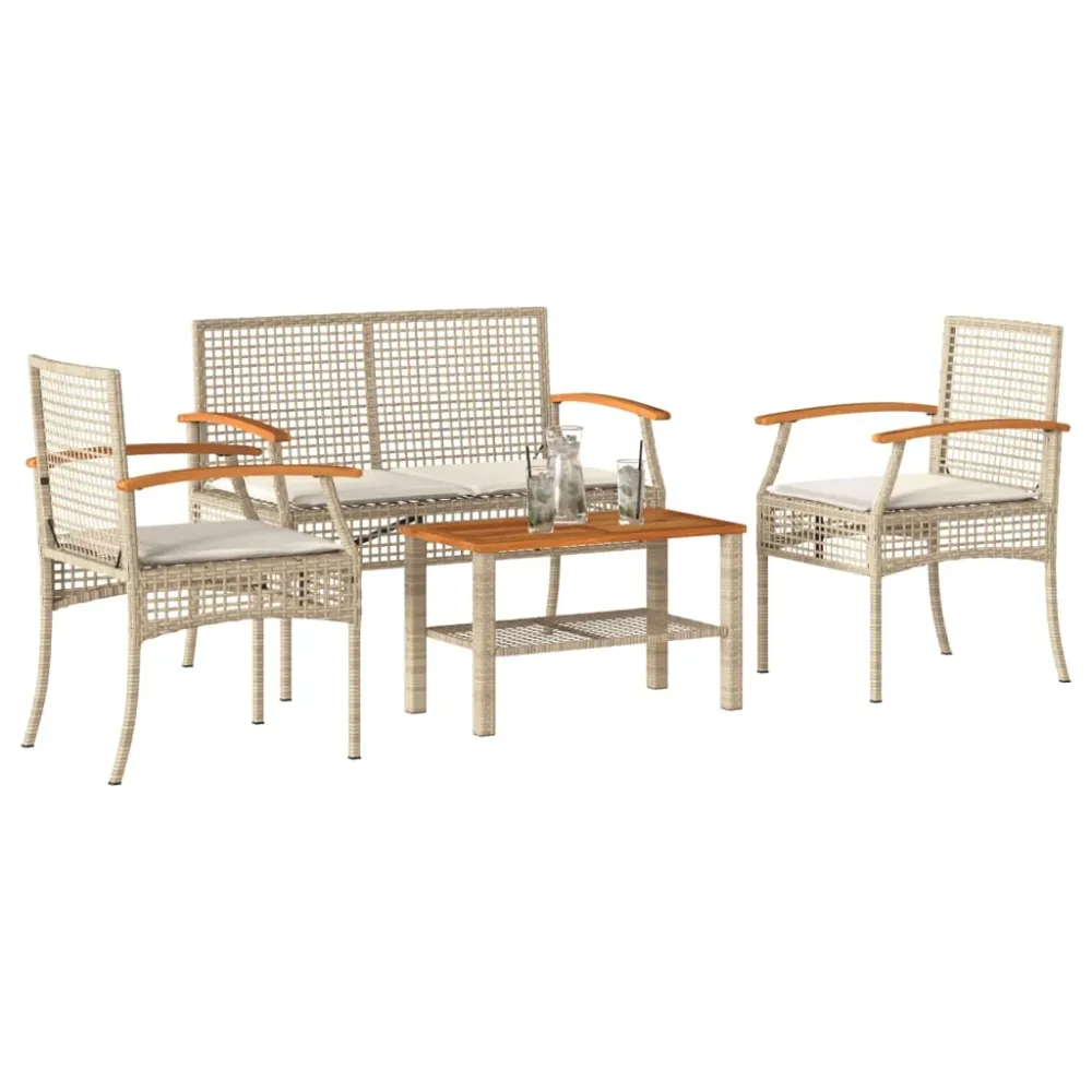 4-delige Loungeset met kussens poly rattan beige vidaXL