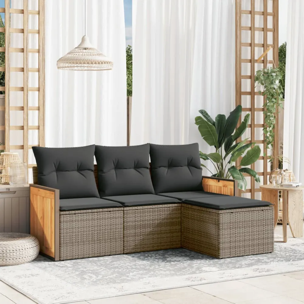 4-delige Loungeset met kussens poly rattan grijs vidaXL