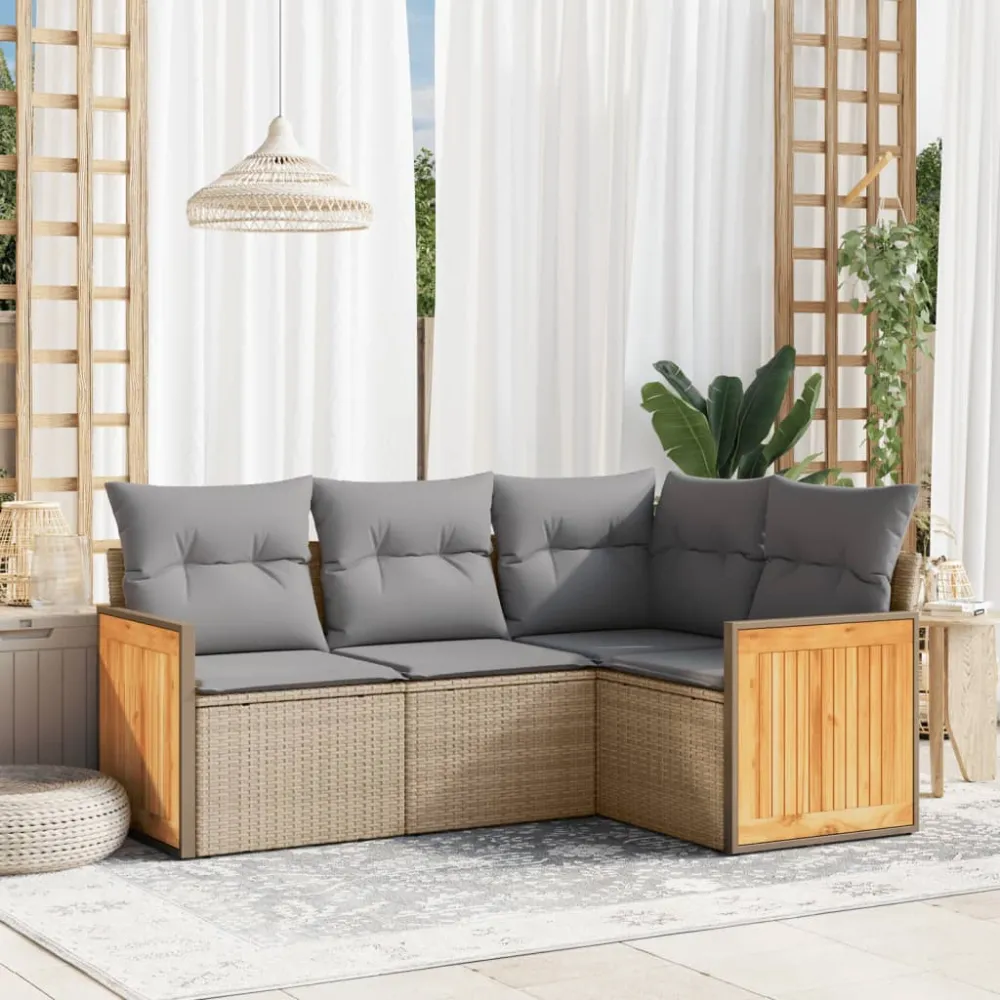 4-delige Loungeset met kussens poly rattan beige vidaXL