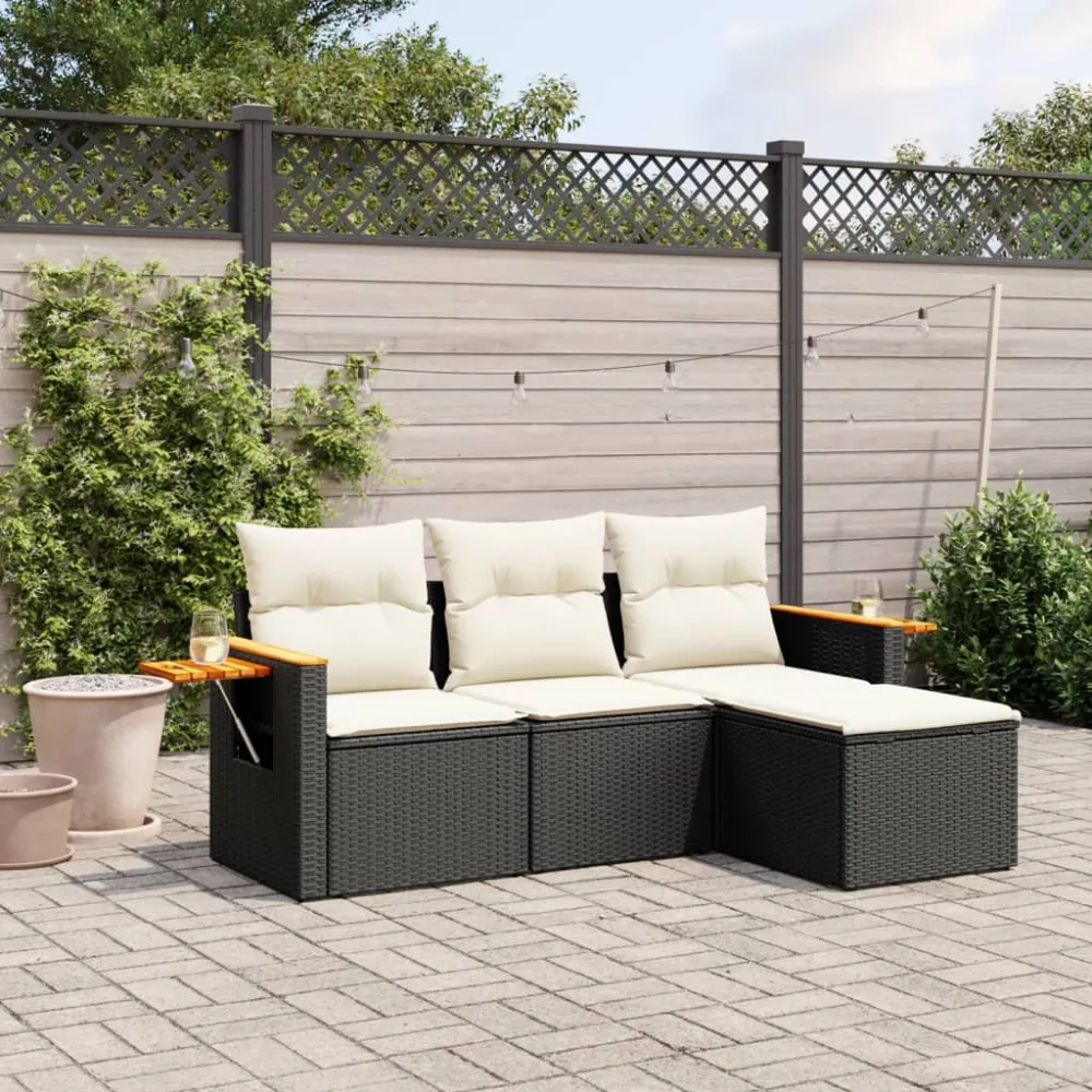 4-delige Loungeset met kussens poly rattan zwart vidaXL
