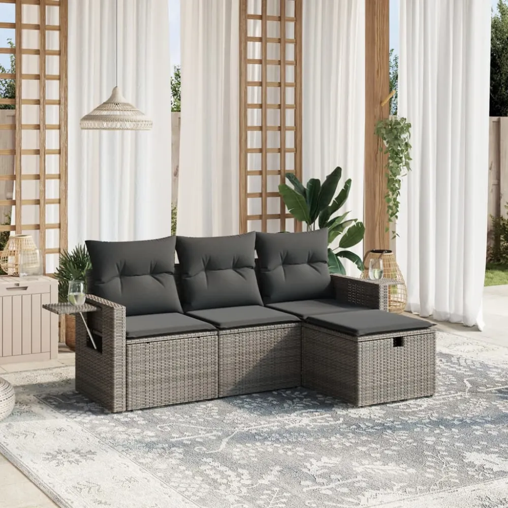 4-delige Loungeset met kussens poly rattan grijs vidaXL
