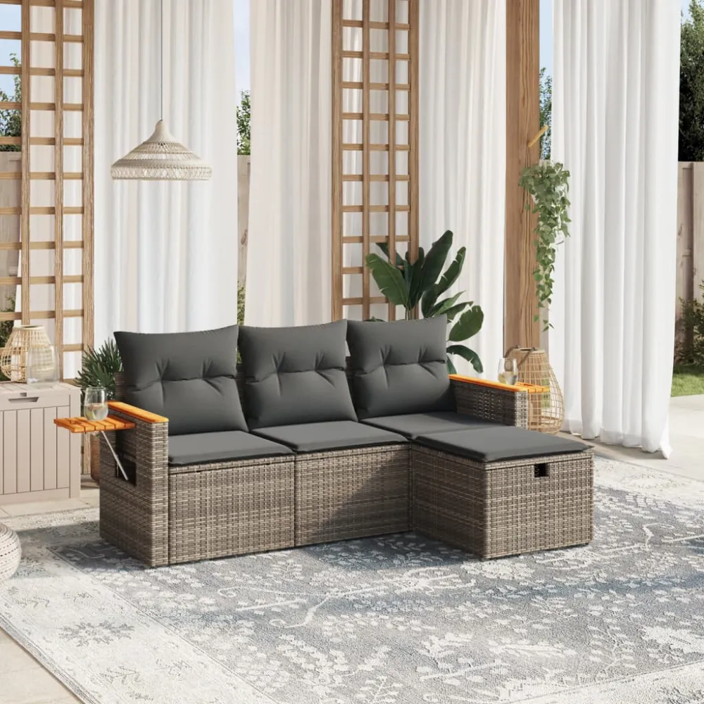 4-delige Loungeset met kussens poly rattan grijs vidaXL