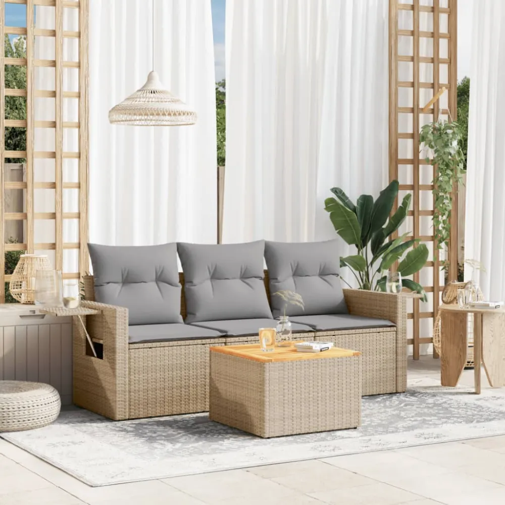 4-delige Loungeset met kussens poly rattan beige vidaXL