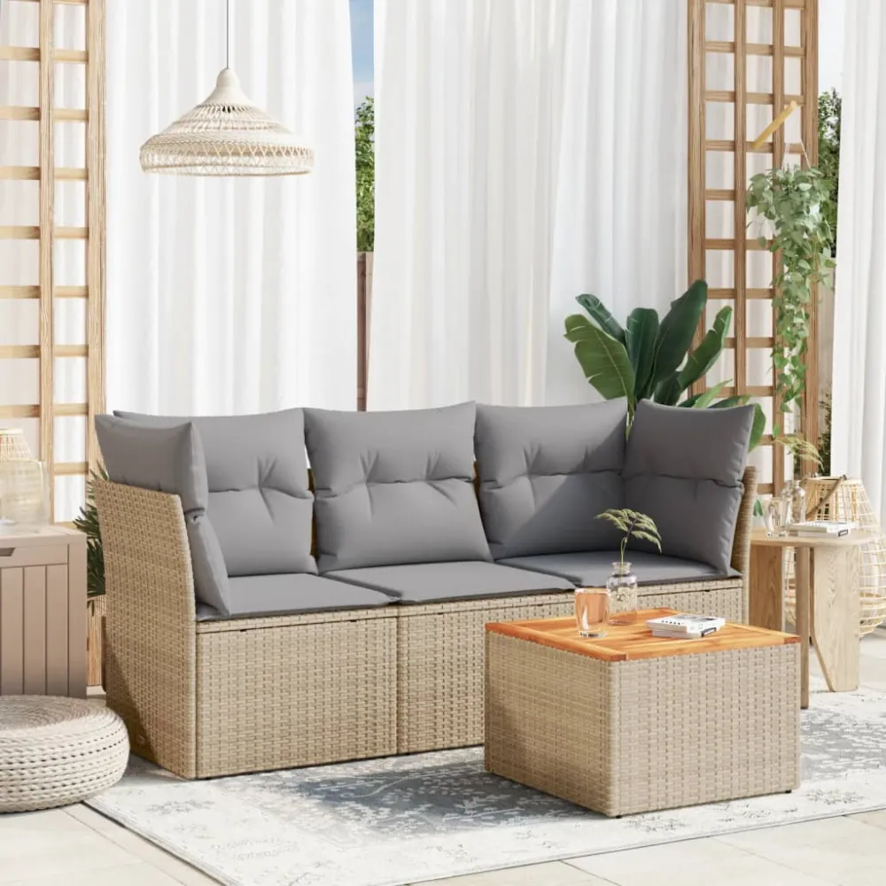4-delige Loungeset met kussens poly rattan beige vidaXL