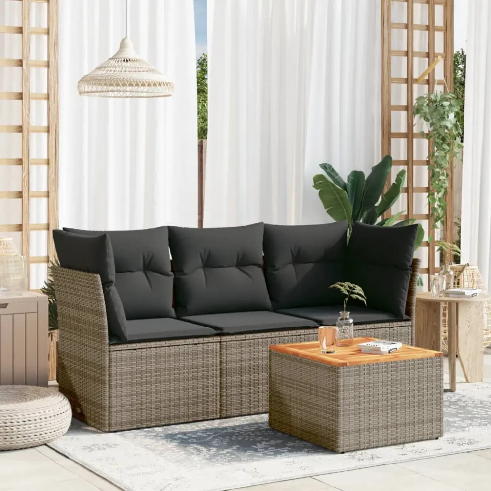 4-delige Loungeset met kussens poly rattan grijs vidaXL