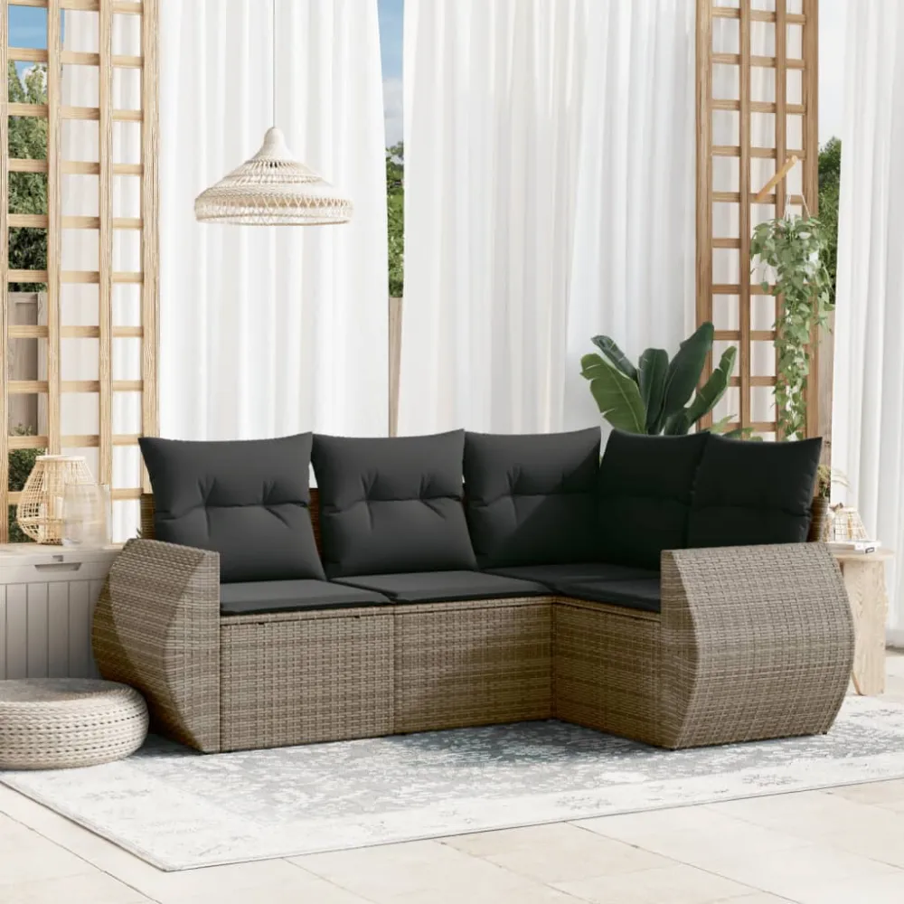 4-delige Loungeset met kussens poly rattan grijs vidaXL