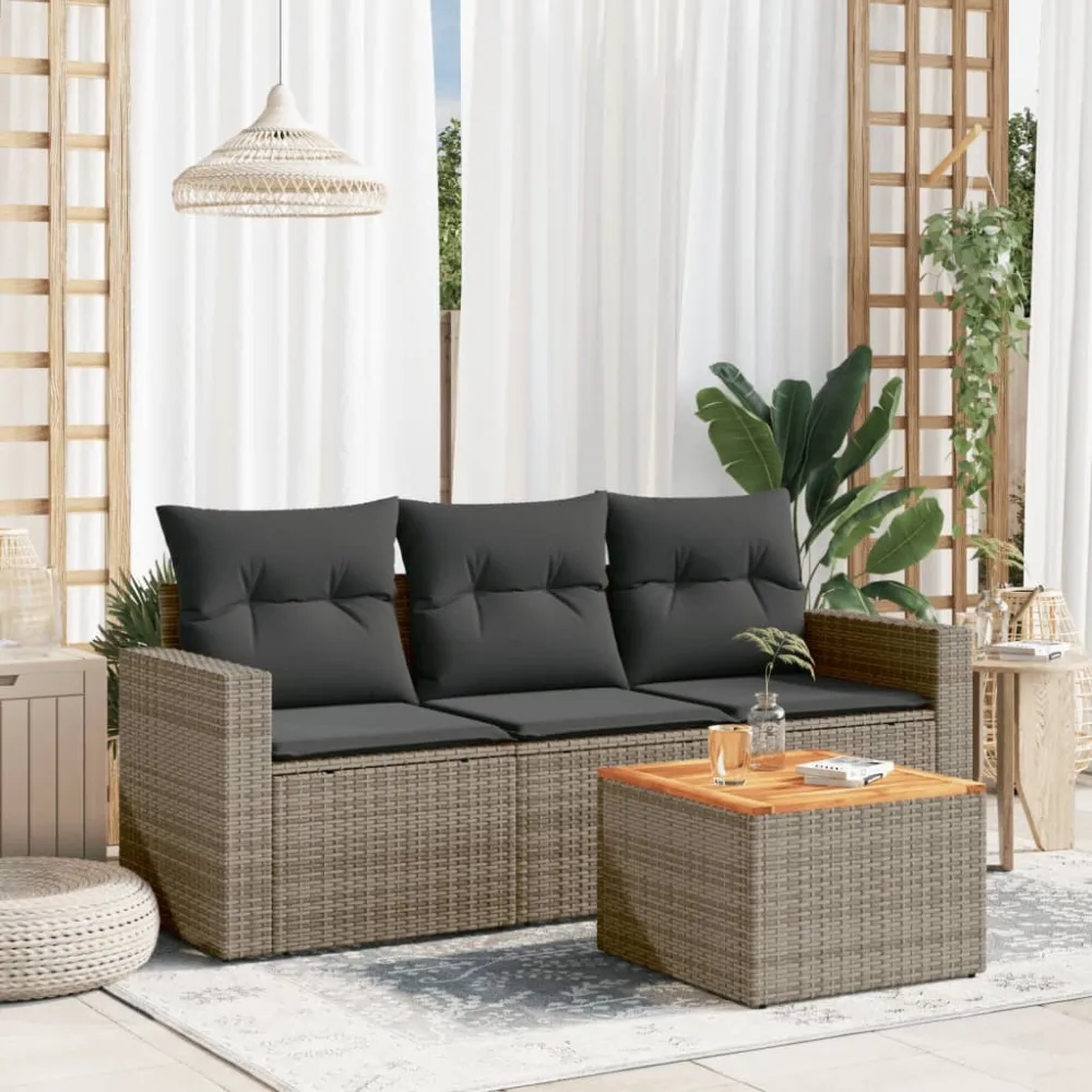 4-delige Loungeset met kussens poly rattan grijs vidaXL