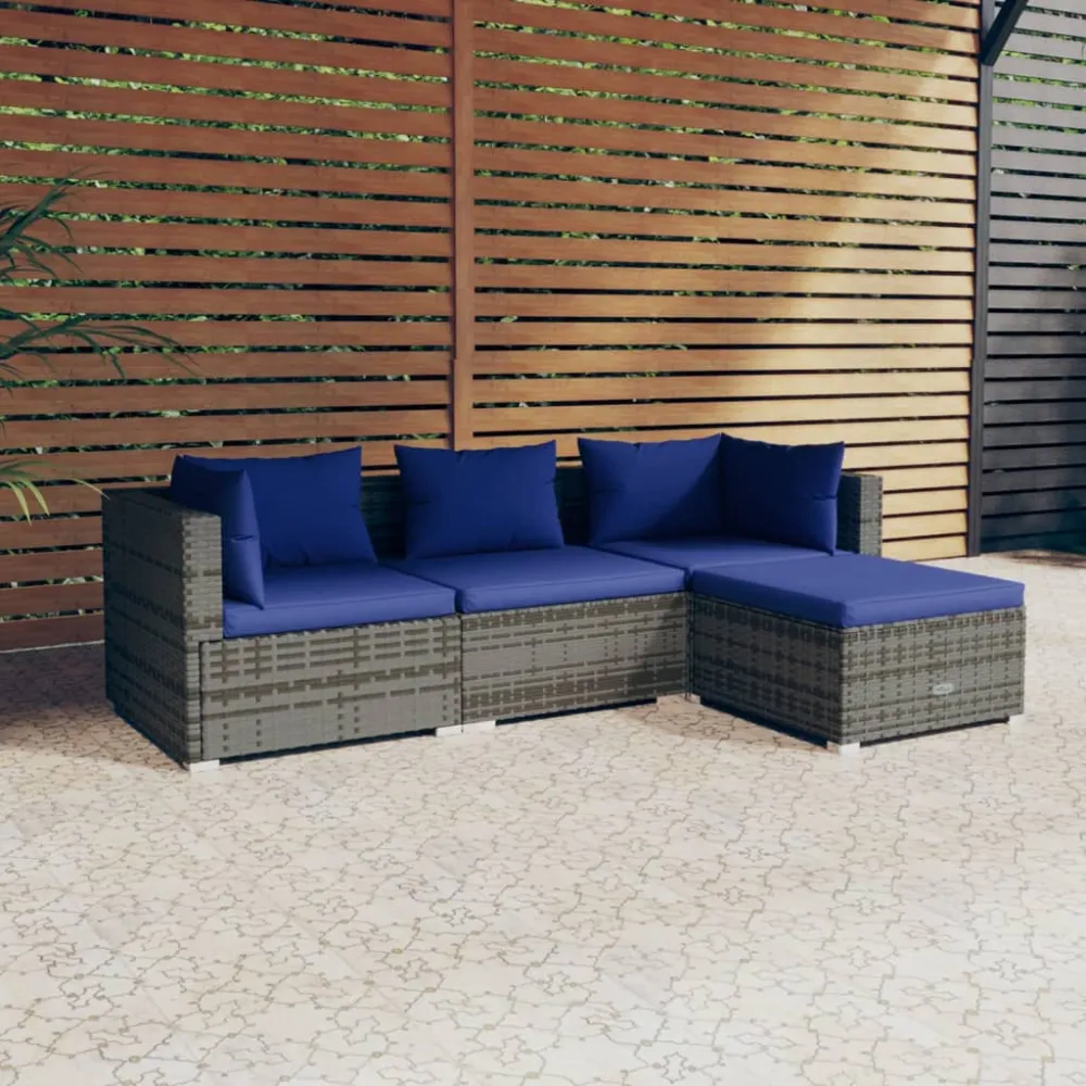 4-delige Loungeset met kussens poly rattan grijs vidaXL