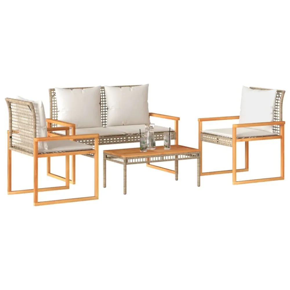 4-delige Loungeset met kussens poly rattan gemengd beige vidaXL