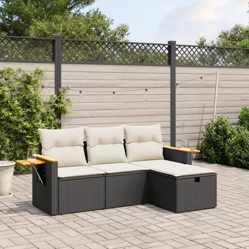 4-delige Loungeset met kussens poly rattan zwart vidaXL