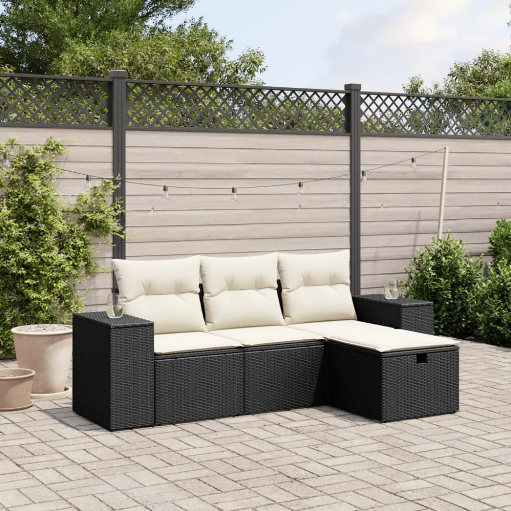 4-delige Loungeset met kussens poly rattan zwart vidaXL