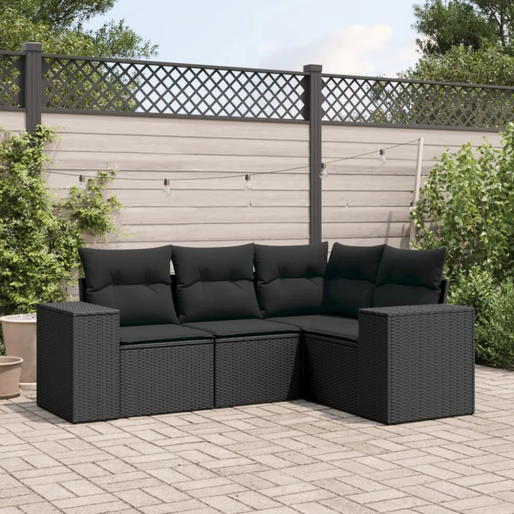 4-delige Loungeset met kussens poly rattan zwart vidaXL