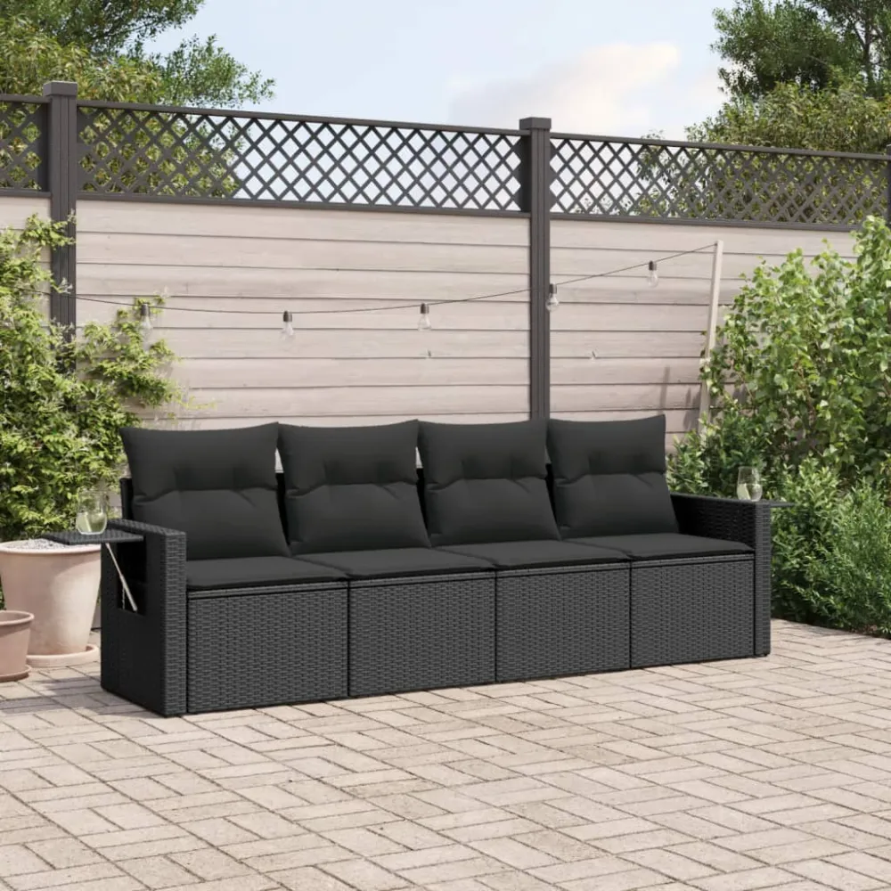 4-delige Loungeset met kussens poly rattan zwart vidaXL