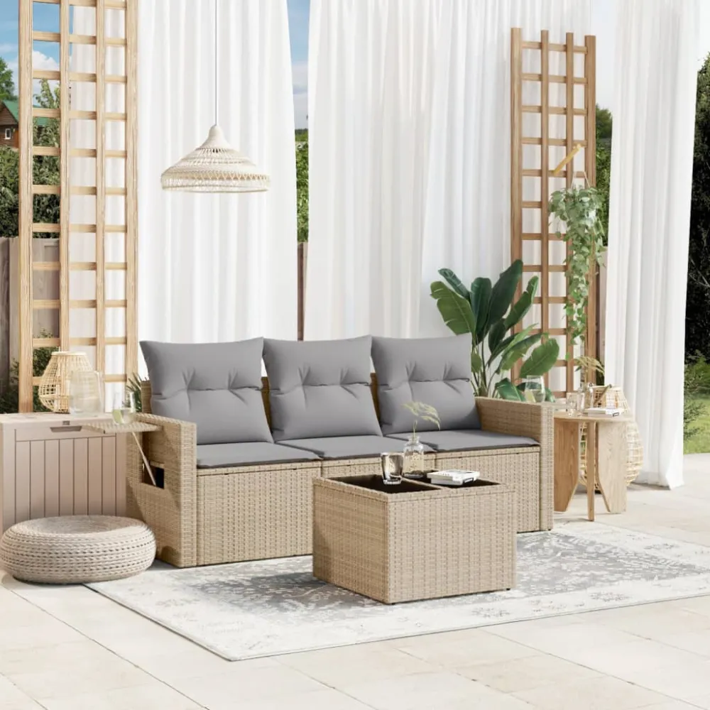 4-delige Loungeset met kussens poly rattan beige vidaXL
