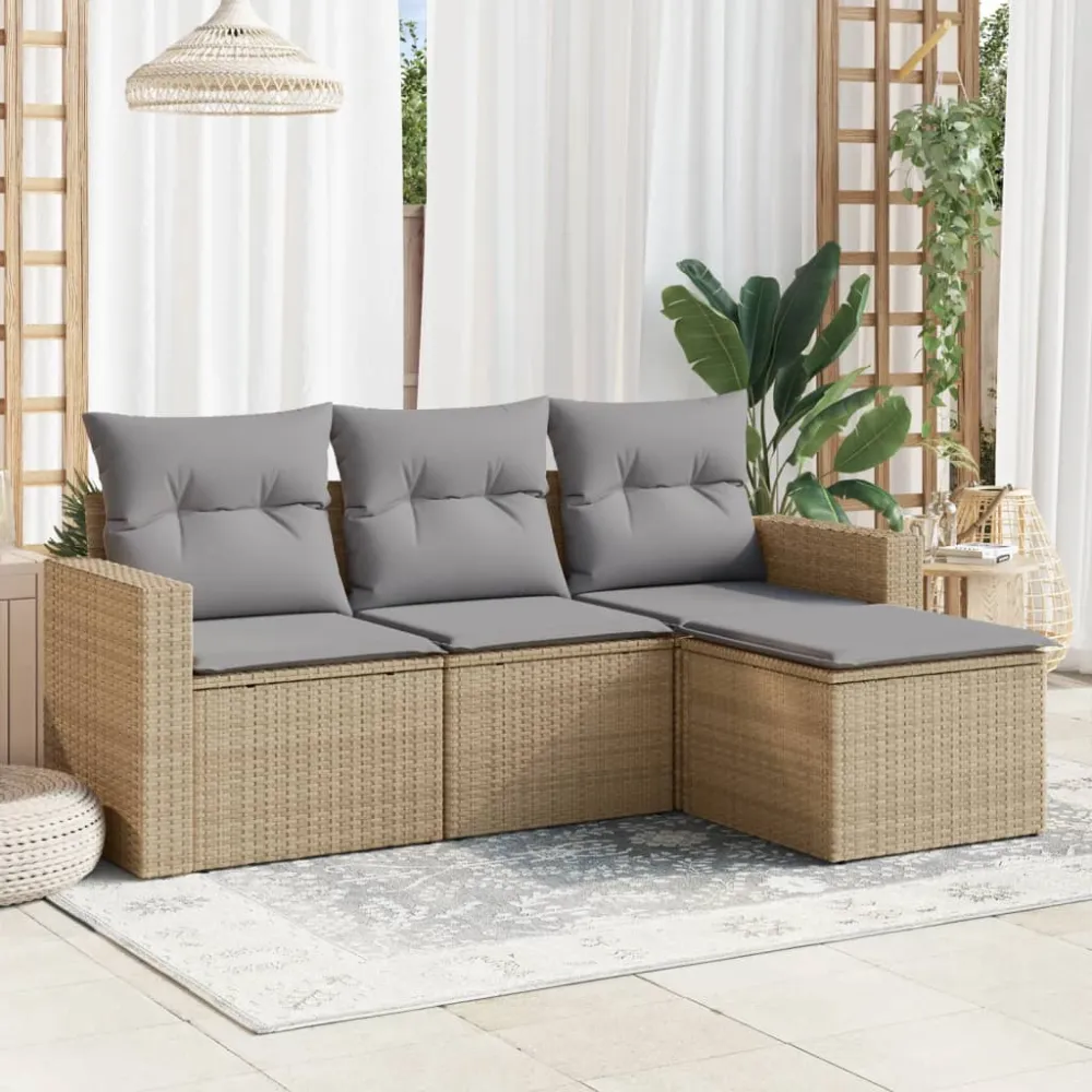 4-delige Loungeset met kussens poly rattan beige vidaXL