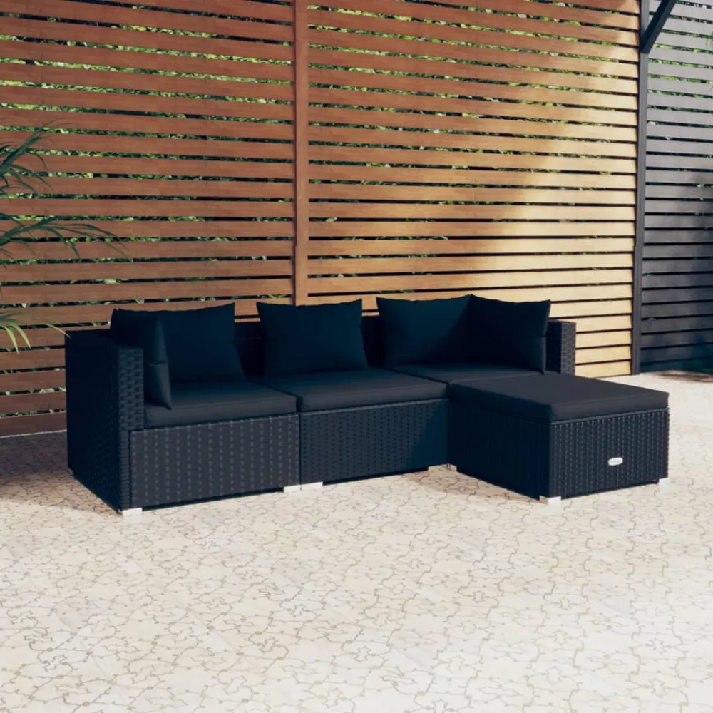 4-delige Loungeset met kussens poly rattan zwart vidaXL