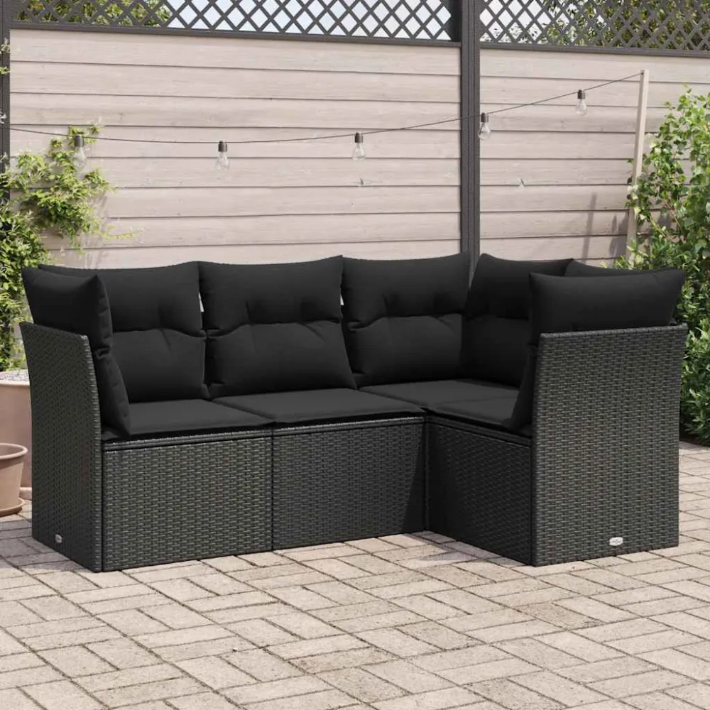 4-delige Loungeset met kussens poly rattan zwart vidaXL