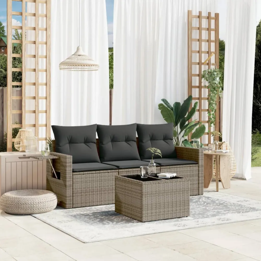 4-delige Loungeset met kussens poly rattan grijs vidaXL