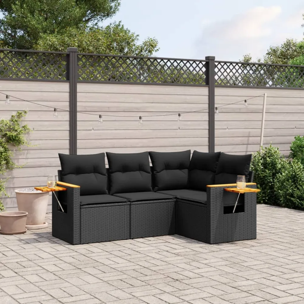 4-delige Loungeset met kussens poly rattan zwart vidaXL