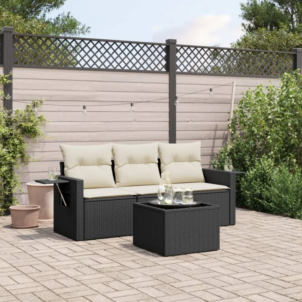 4-delige Loungeset met kussens poly rattan zwart vidaXL